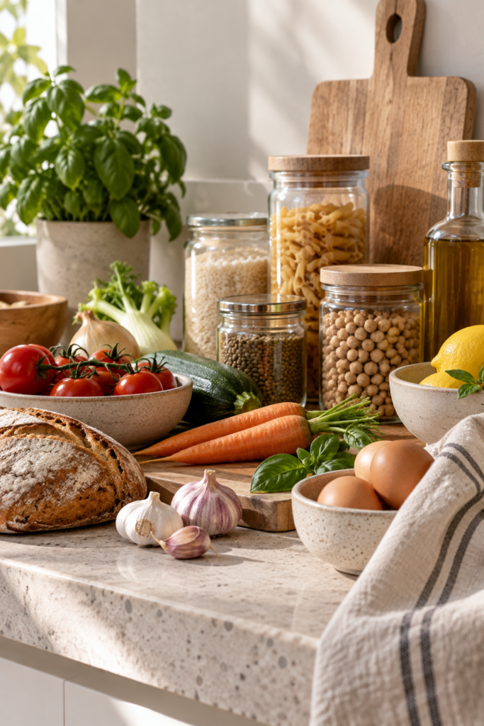 Ingredienti semplici in dispensa e cucina per ricette anti-spreco